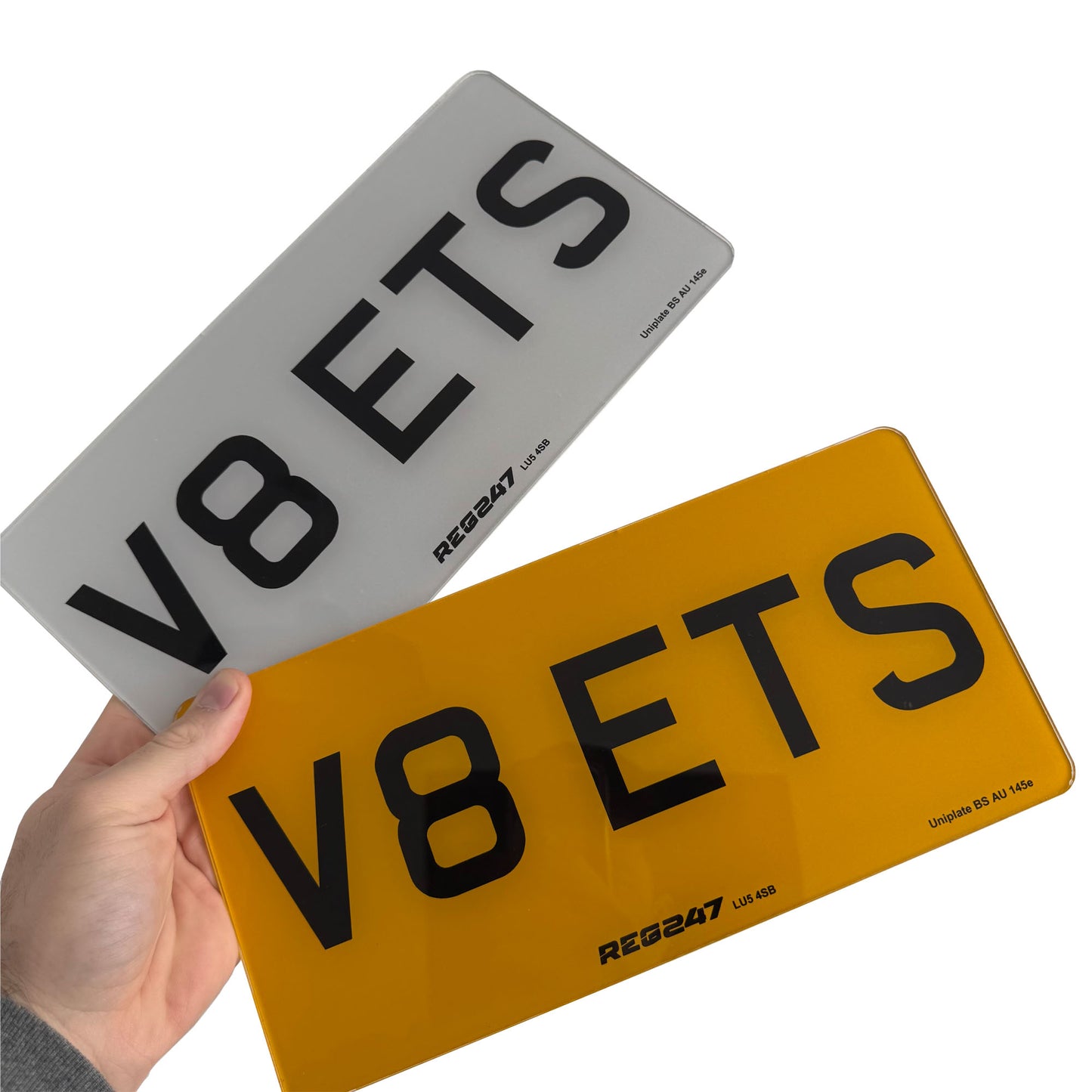 showing a pair front and back of American US import number plate size for the United Kingdom vehicles which are fully Road Legal MOT Compliant number plates