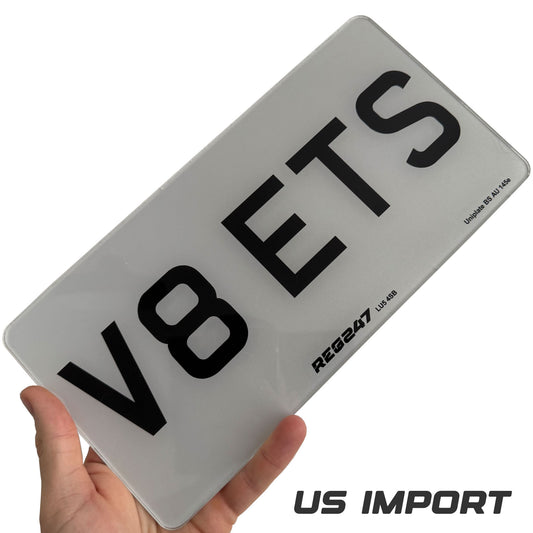 showing a  front white  American US import number plate size for the United Kingdom vehicles which are fully Road Legal MOT Compliant number plates