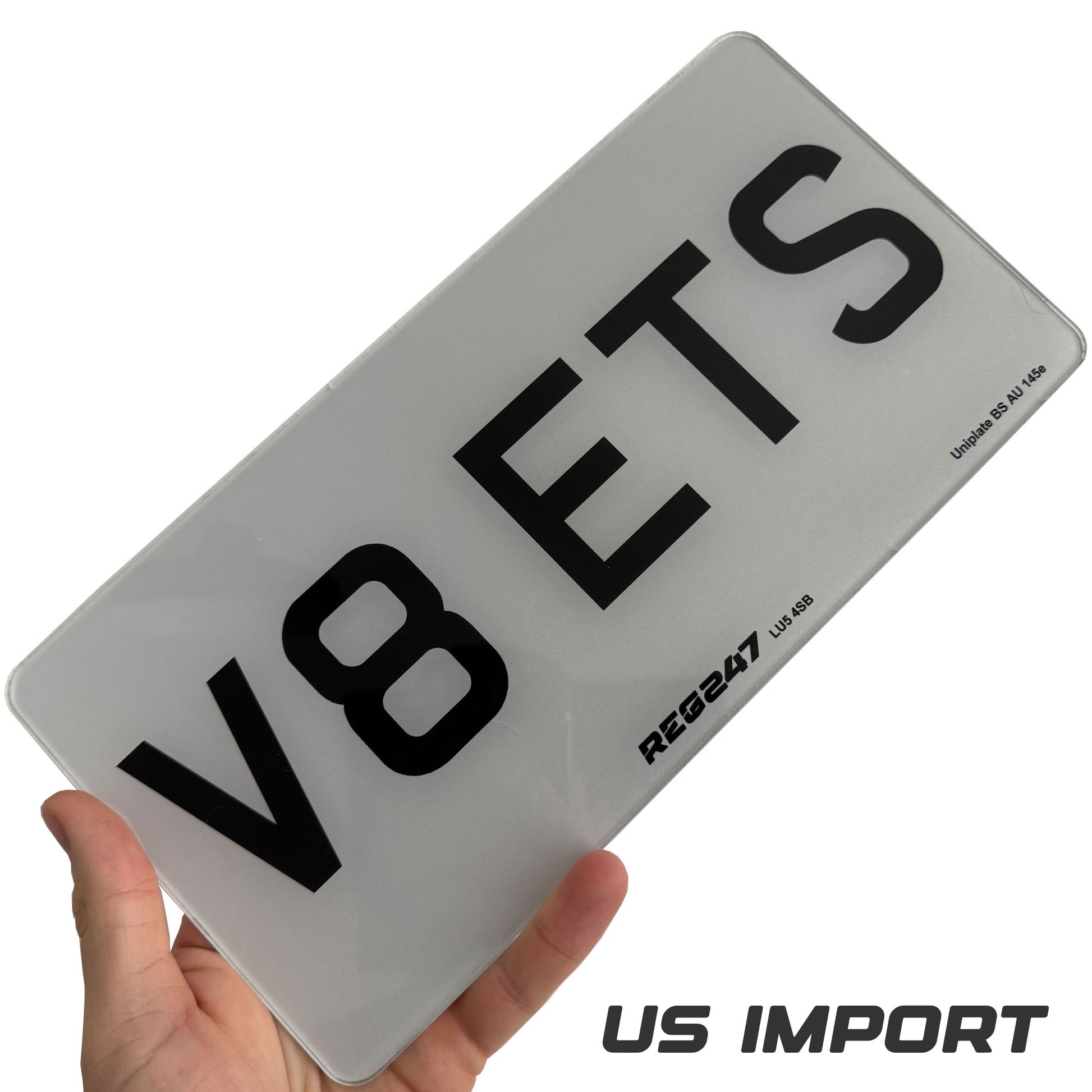 showing a  front white  American US import number plate size for the United Kingdom vehicles which are fully Road Legal MOT Compliant number plates